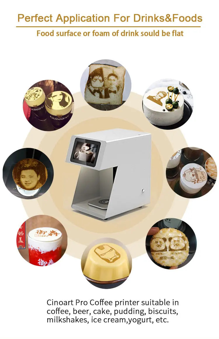 White Cinoart Pro edible ink coffee printer for printing custom designs on foam, cakes, biscuits, and food surfaces.
