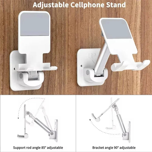 White adjustable wall mount phone stand with tilted cradle and mounting bracket