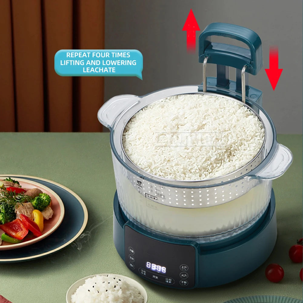 Blue electric rice cooker with lifted steaming tray and inner liner full of white rice
