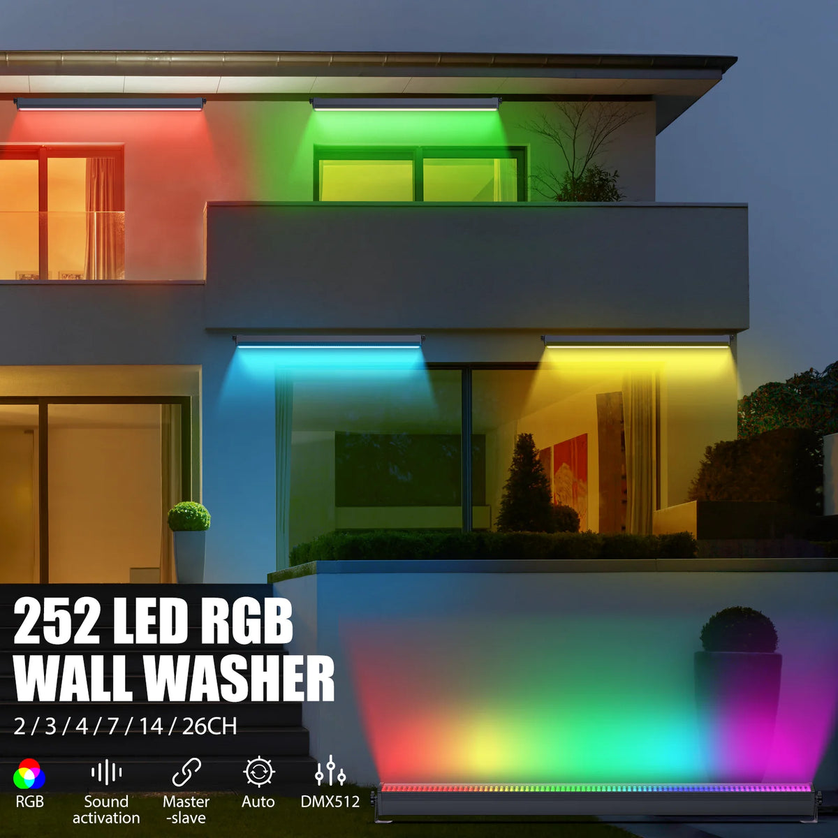 RGB LED wall washer lights mounted on a building facade, projecting multicolor wash