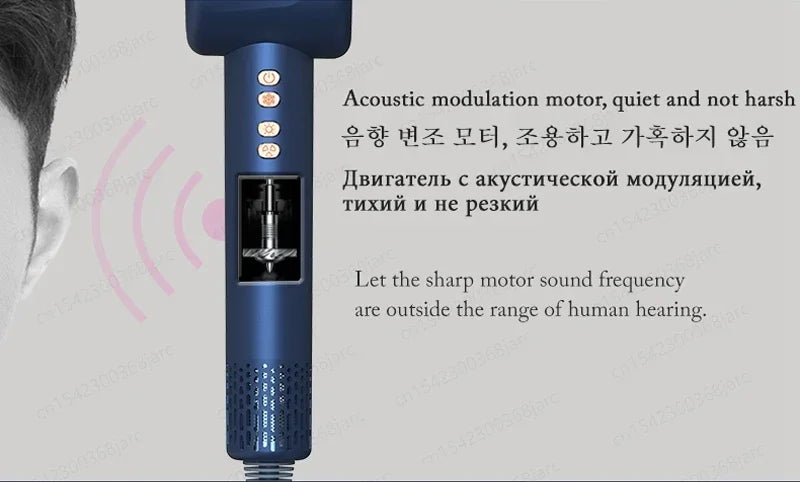 Blue 1600W leafless negative ion hair dryer with quiet acoustic motor, button controls, and modern styling design.
