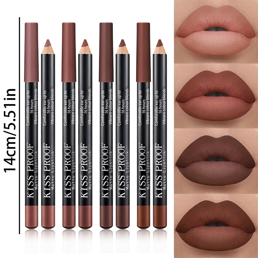 4-piece set of wood matte lip liners in brown nude shades, offering a long-lasting, velvet finish and easy application.