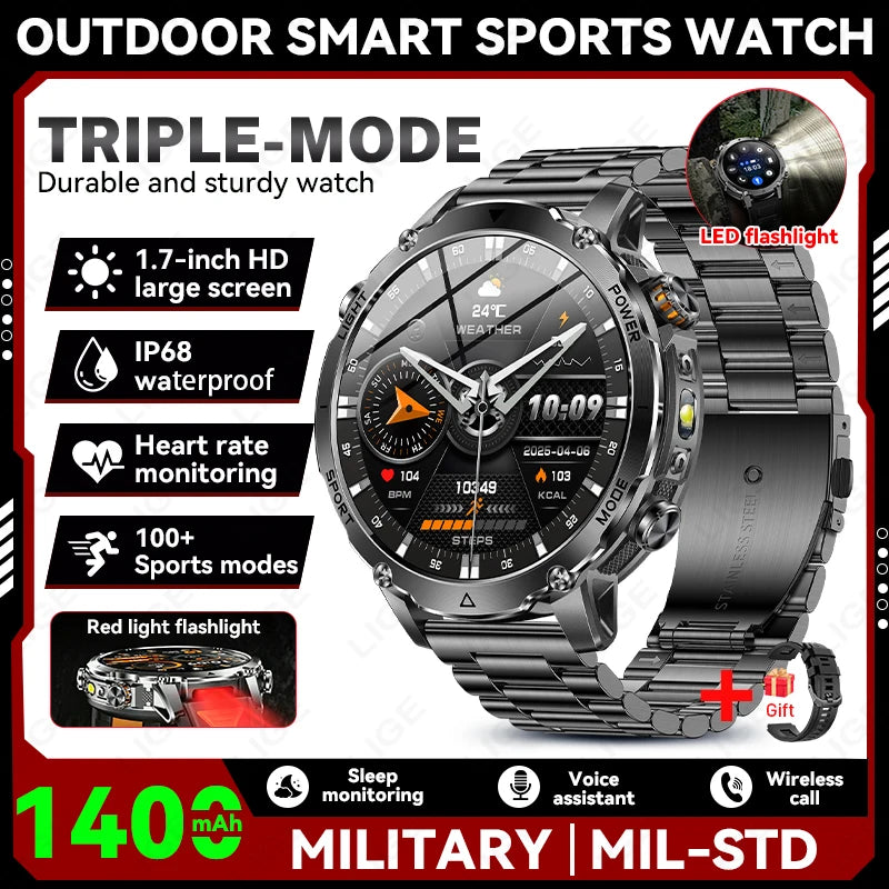Silver metal sports smartwatch with round display and LED flashlight