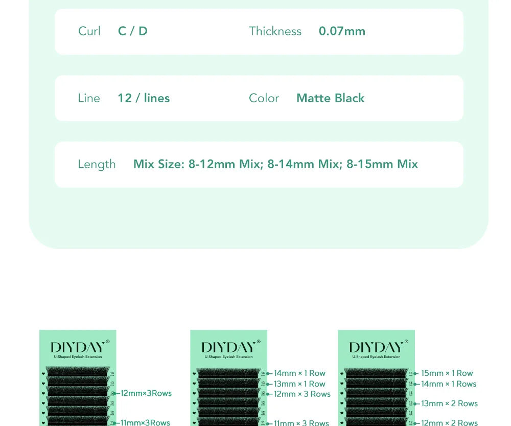 Product specifications for DIYDAY matte black U-shaped eyelash extension trays with mixed lengths and C/D curls.