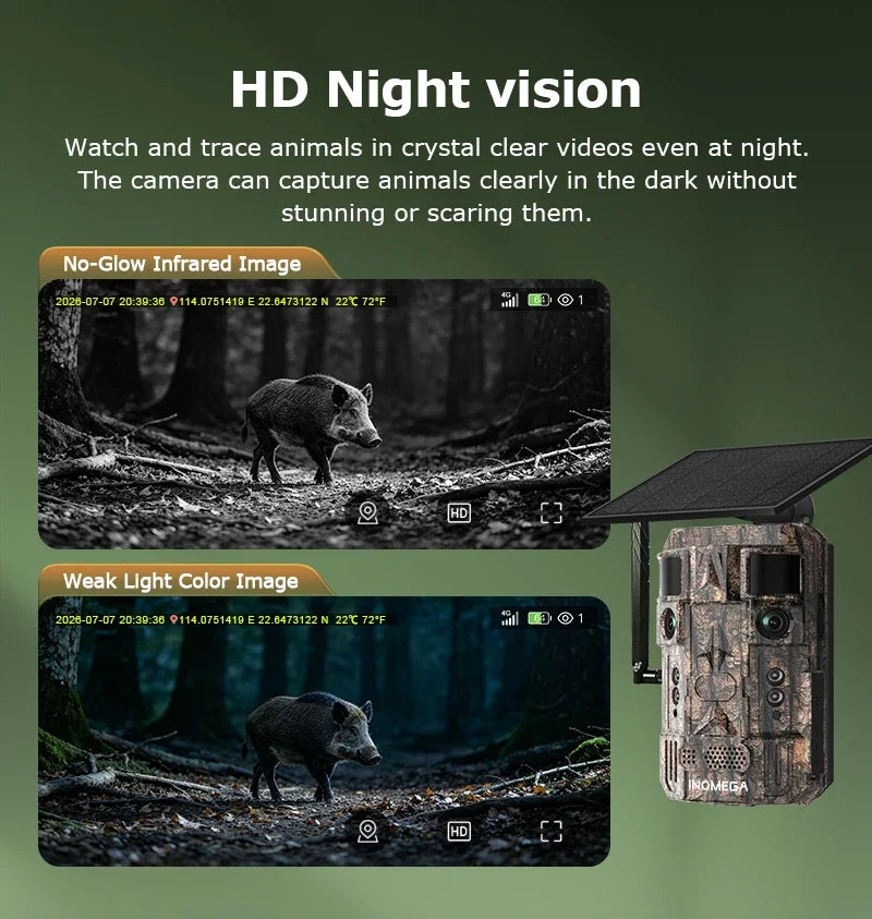 INQMEGA 24MP Dual Lens Solar 4G GPS Hunting Trail Camera AI PIR 180° Wide Angle Night Vision IP66 Outdoor Wildlife Camouflage
