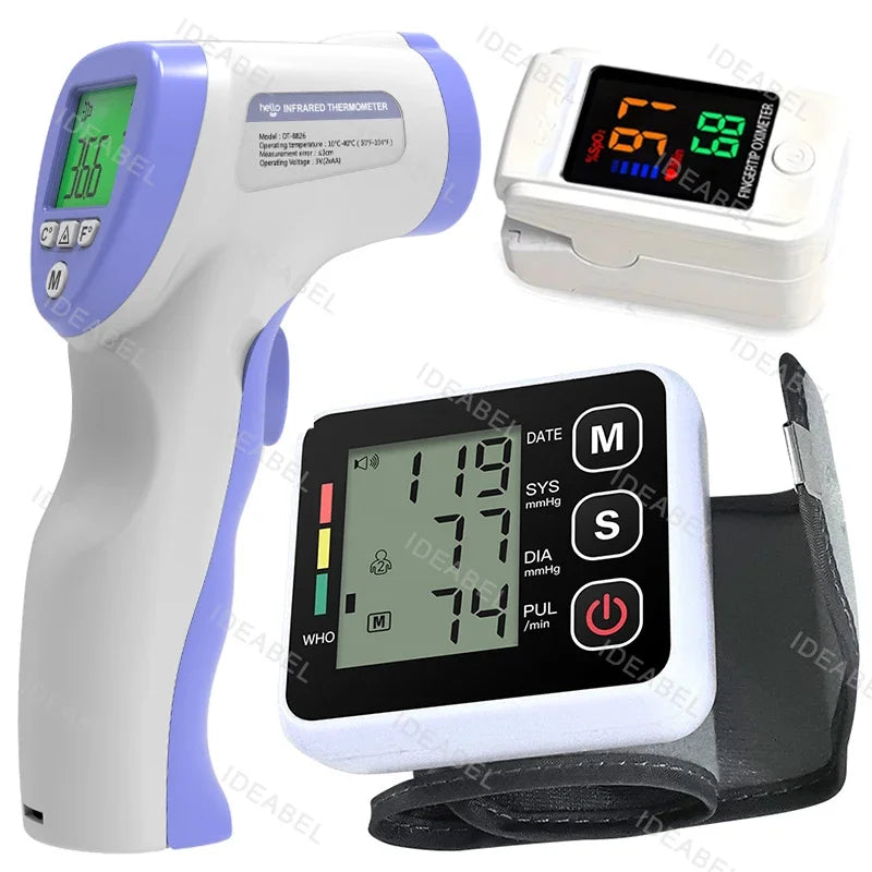 Digital Blood Pressure Monitor Wrist Tensiometer Electronic Sphygmomanometer Tonometer with LCD Forehead Digital Thermometer