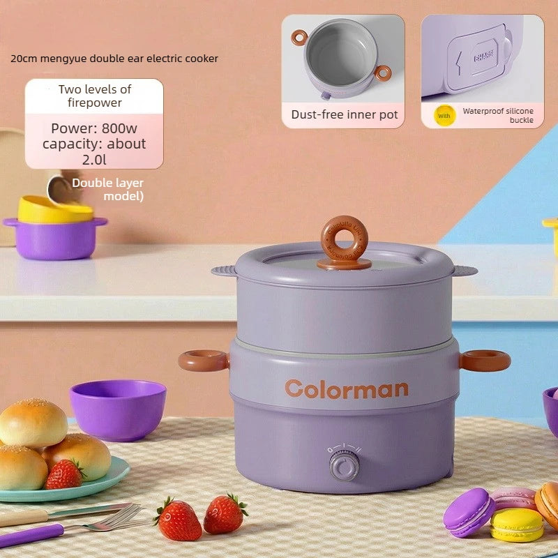 Electric double-layer cooking pot in lavender and purple with dual handles and lid