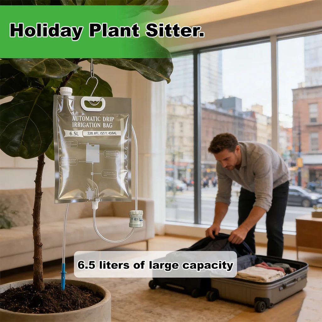 Automatic drip irrigation watering bag with hanging reservoir and tubing for plant watering