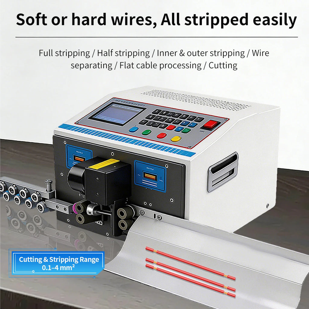 0.1-4mm² Computer Wire Stripping Machine Adjstable Cutting Length Cable Stripper LED Screen 110V 220V 32bit Smart Control System