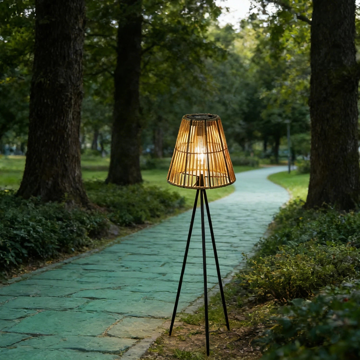 A Handmade Rattan Solar-Powered Floor Lamp, No Need for Electricity, for Outdoor Patio, Garden Decoration, Path Decoration, and Holiday Atmosphere Setup