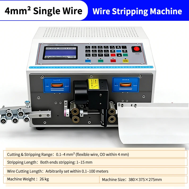 Wire stripping machine with LED screen, keypad controls, and feed rollers for single wires