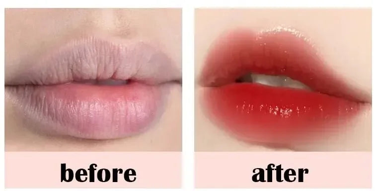 Before and after comparison of Korean moisturizing lip glaze, showing high-shine, plump red glossy lips.