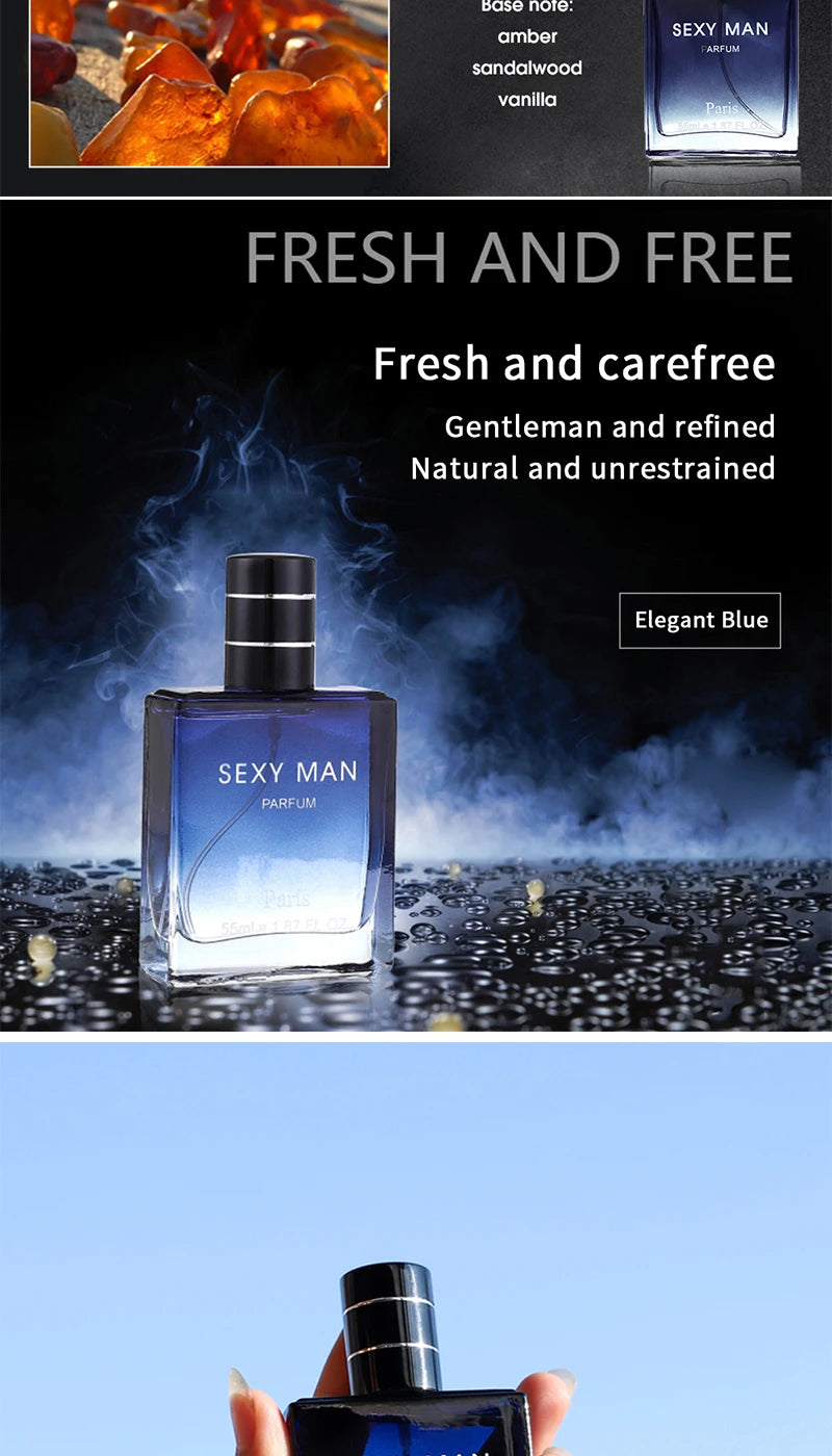 Sexy Man Parfum: 55ml men’s cologne, blue square bottle. Long-lasting scent with amber, sandalwood, and vanilla notes.
