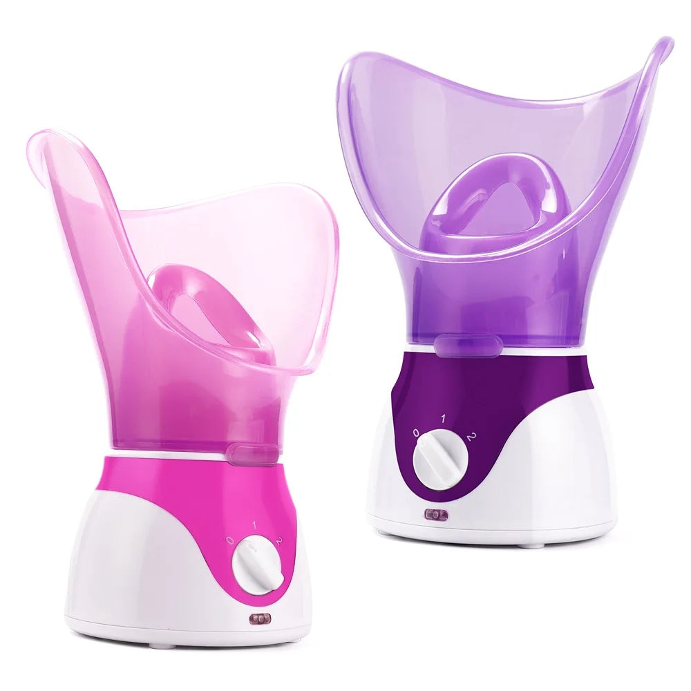 Two portable home facial steamers in pink and purple for deep pore cleansing, skin moisturizing, and spa care.