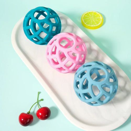 Blue, pink, and light blue silicone baby teething toy balls for soothing sore gums.