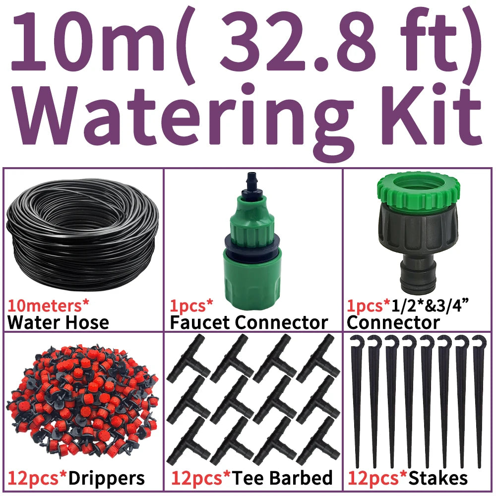 10m micro drip irrigation kit with black hose, green faucet connector, drippers, tee, stakes