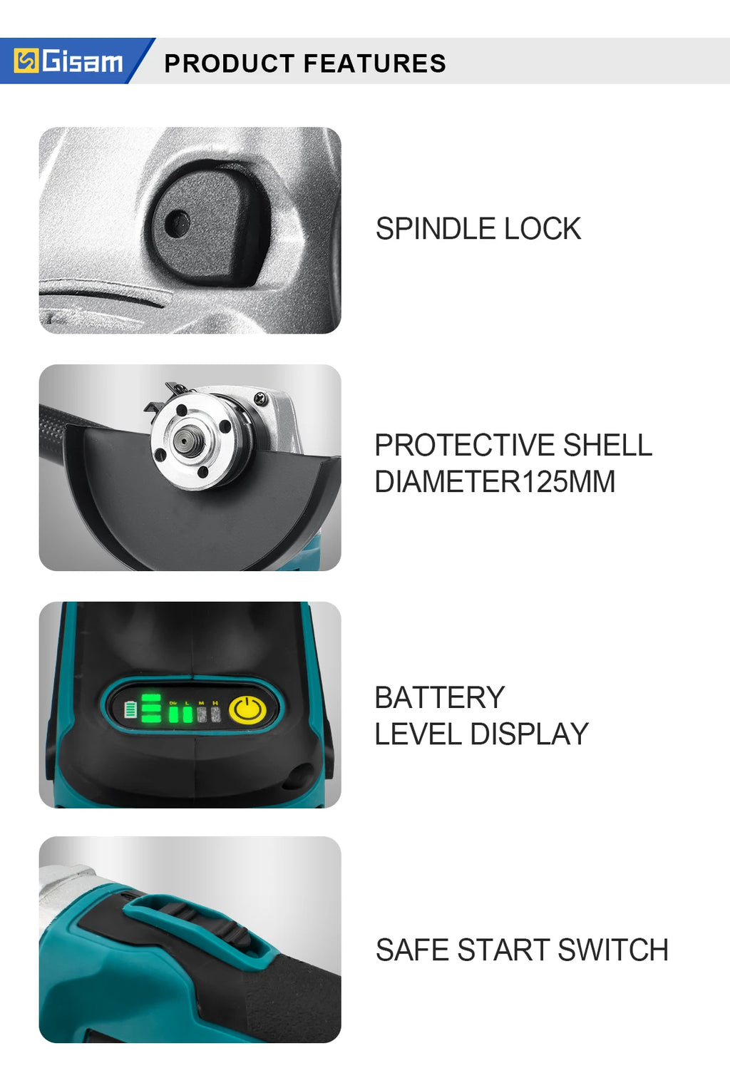 Gisam 125MM Brushless Electric Angle Grinder Variable Speed M14 Cutting Machine Woodworking Tool for Makita 18v Battery Pin