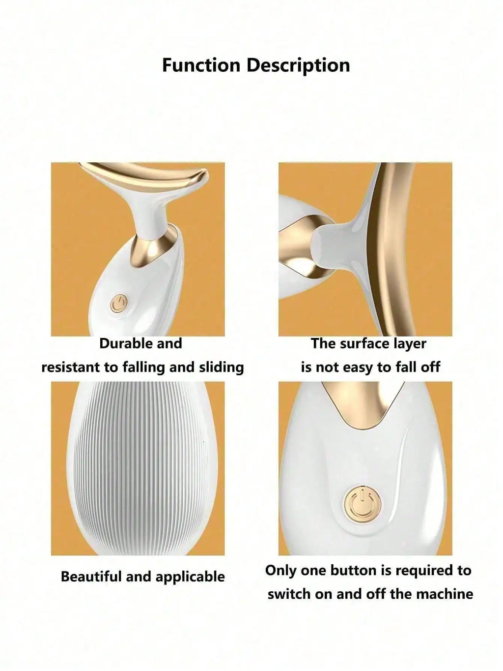 Close-up views of a white and gold facial massager, highlighting its ergonomic T-shaped head, button, and textured body.