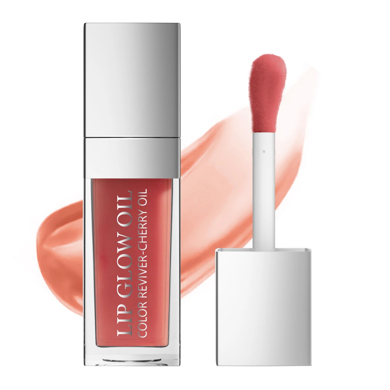 Crystal jelly moisturizing lip glow oil in tinted coral with plumping applicator and shiny, glossy texture.