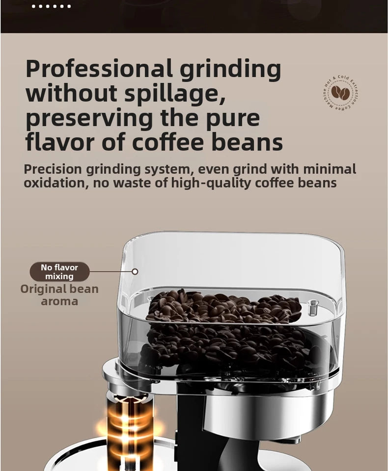 Professional electric coffee bean grinder with clear hopper, precision grinding system, and spill-free design.