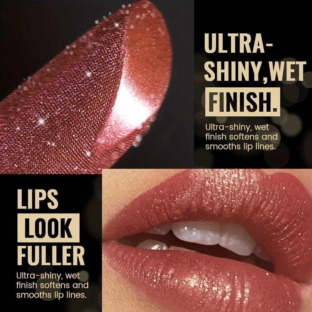 Pearly metallic lipstick with glitter shimmer, creamy texture, and high color payoff for a smooth, wet-look party finish.