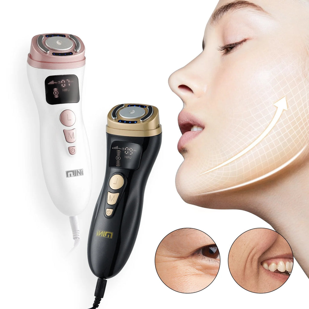 White and black handheld HIFU facial massagers with digital displays next to a model's face showing a lifting effect.