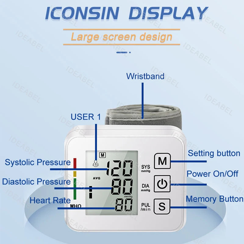 Wrist Blood Pressure Monitor LED English Voice Broadcast Tonometer BP Monitor Non Contact Infrared Medical Thermometer