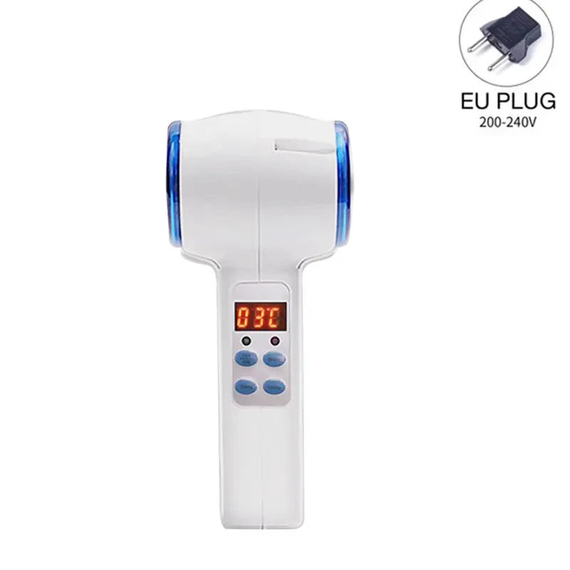 White hand-held facial massager with a digital temperature display, blue-trimmed head, and included EU power plug.