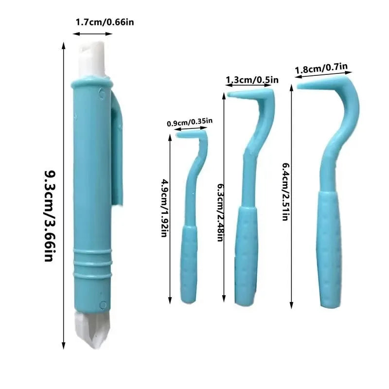 4pc light blue plastic pet flea and tick removal tool kit with dimension measurements for easy parasite extraction.