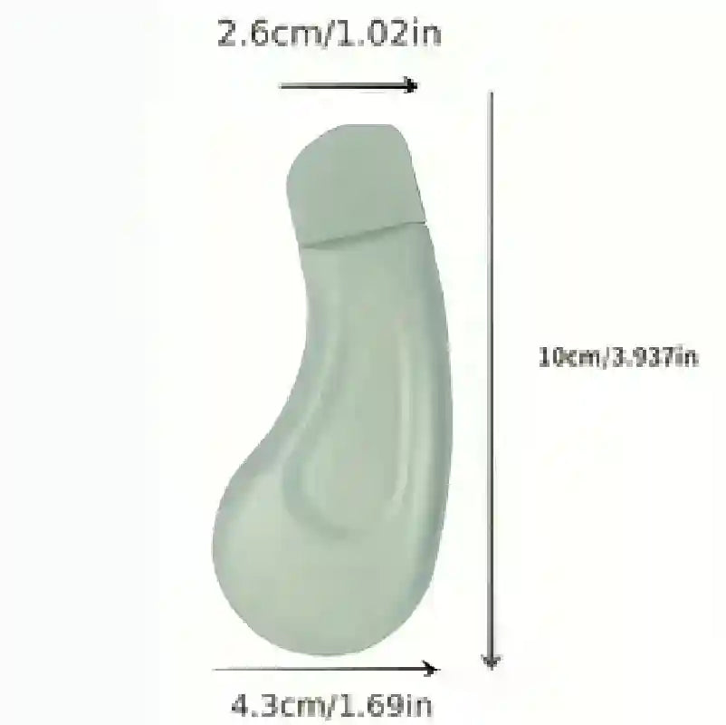 Sage green, curved blackhead removal tool with measurements shown (10cm length, 2.6cm width at top, 4.3cm at bottom).