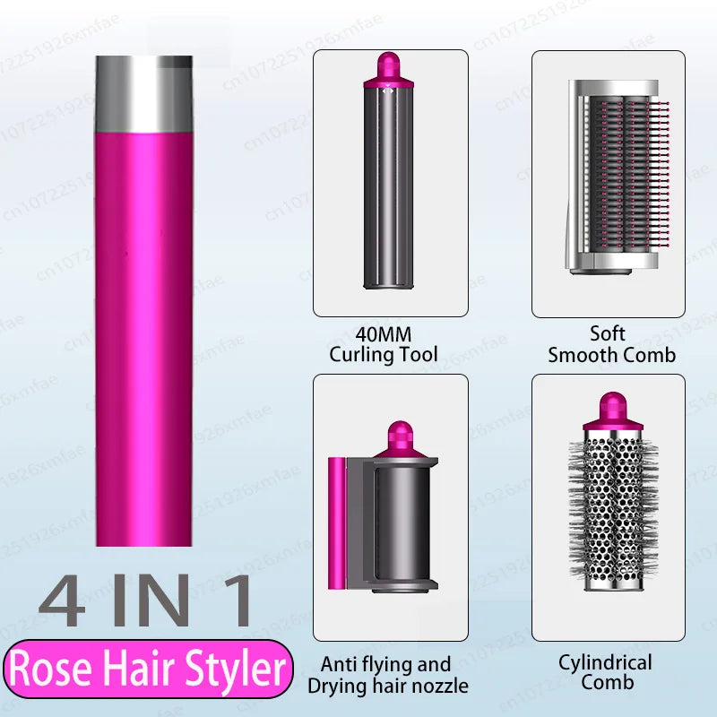 4-in-1 rose hair styler with high-speed ionic dryer, curling barrel, smooth brush, and volumizing cylindrical comb.