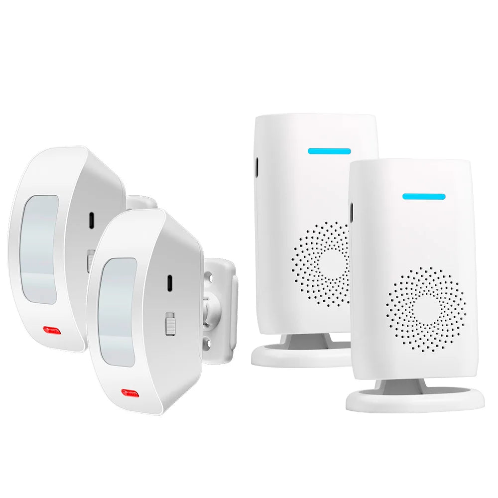 Wireless doorbell chime set with two white doorbell transmitters and two plug-in chime receivers