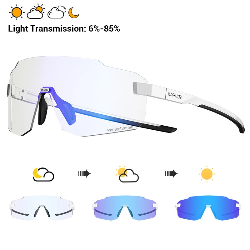 Sport cycling sunglasses with blue-tinted photochromic lenses and white frame