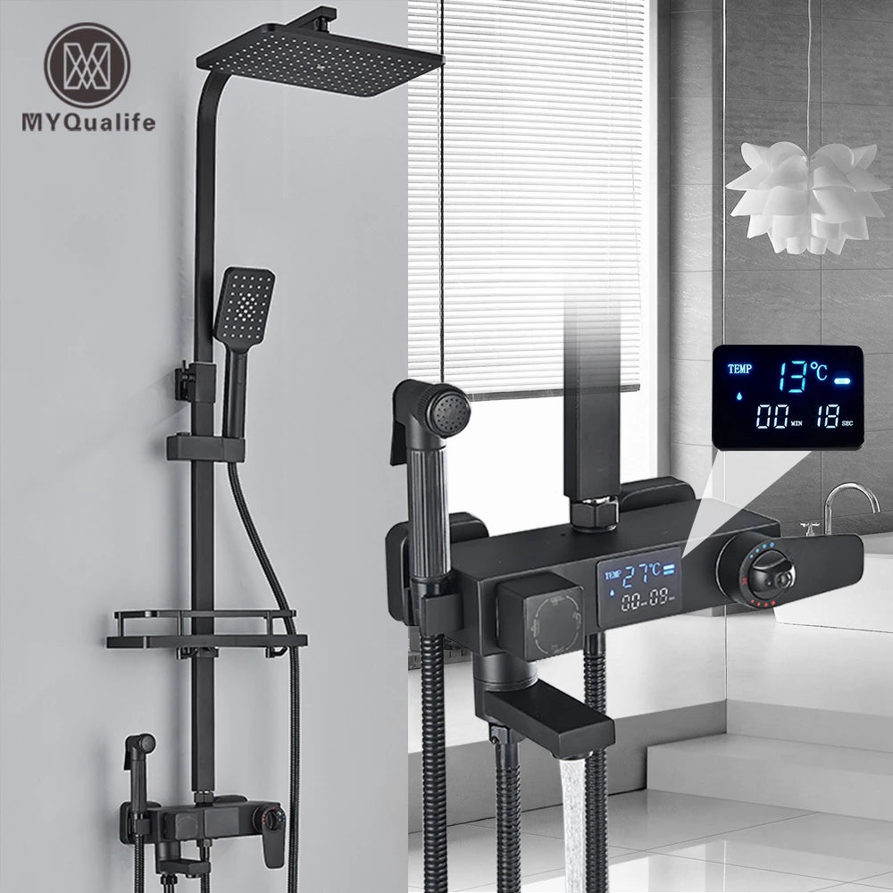 4 Ways Digital Display Shower Faucet Bathroom Thermostatic/Hot Cold Rainfall Shower Head Brass Rotate Mixers Bidet Faucet