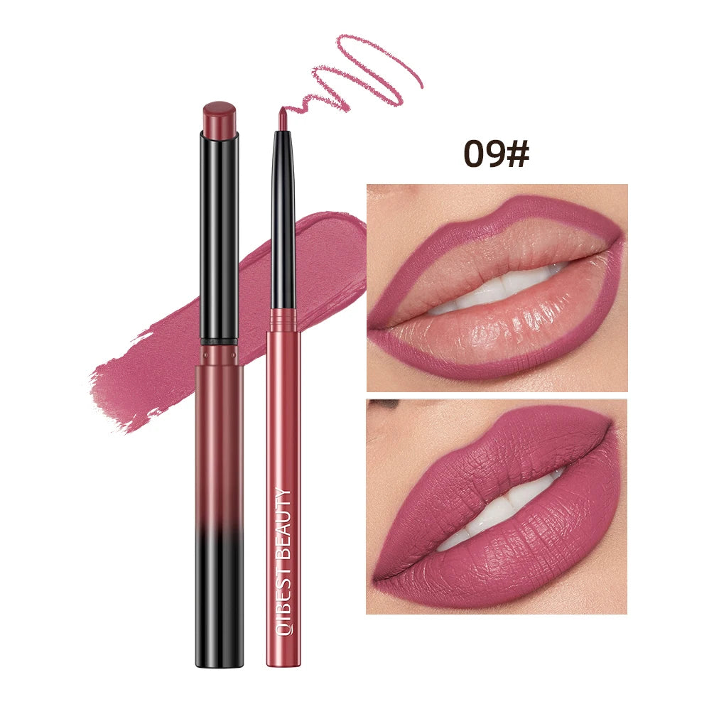 QIBEST matte nude mauve lipstick and lipliner pen set, waterproof, long-lasting lip makeup in shade #09.