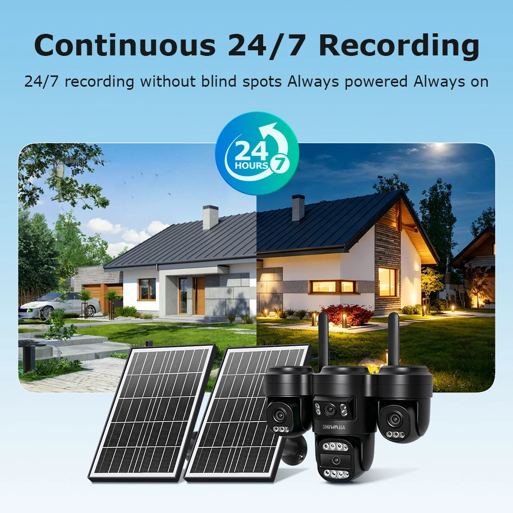 SHIWOJIA AOV Solar Security Camera WIFI 4G SIM Four Lens AI Human Auto Tracking Outdoor CCTV Camera 24/7 Recording