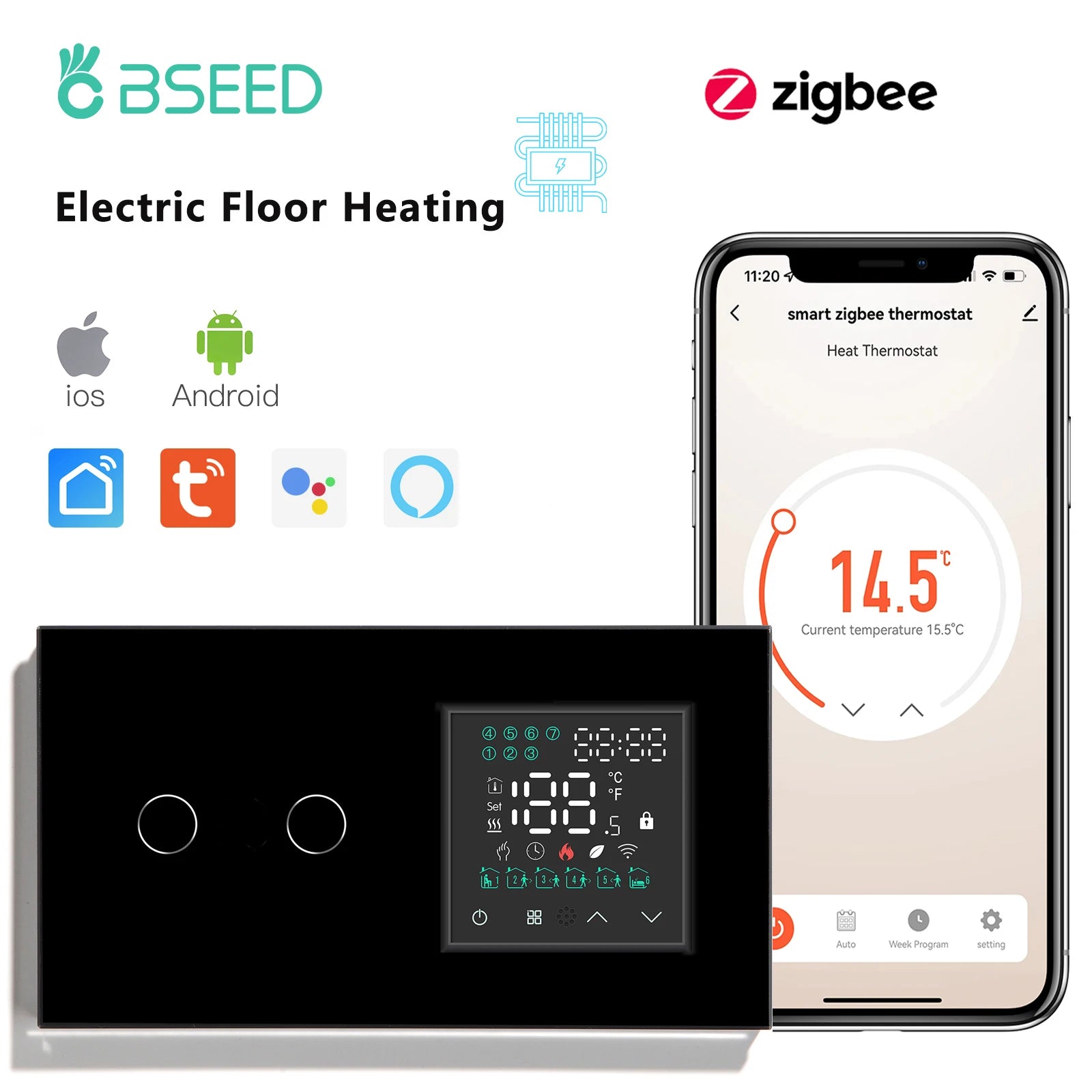 Zigbee electric floor heating thermostat switch, black face with two circular controls