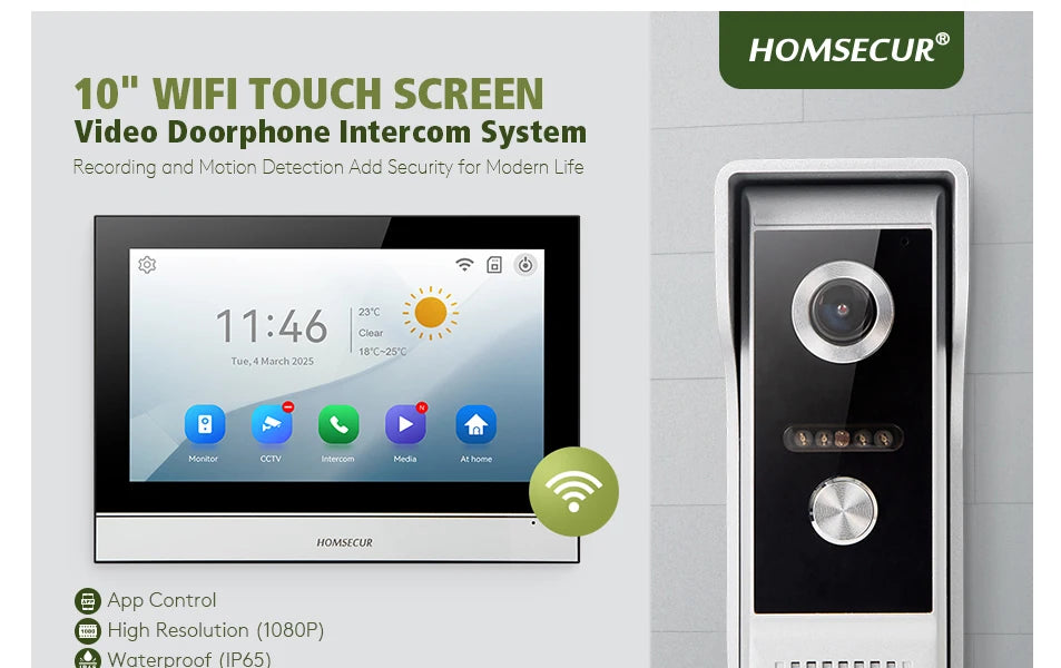 Tuya WiFi 10" Video Doorphone, With DC12V Fail Safe NC Lock, 1080P Doorbell Camera, IP65 Waterproof