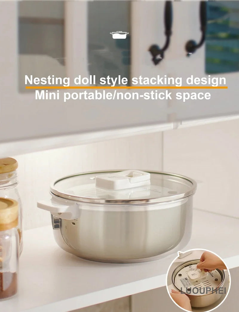 Stacking electric cooking pot on a shelf with clear lid, compact nesting-doll style