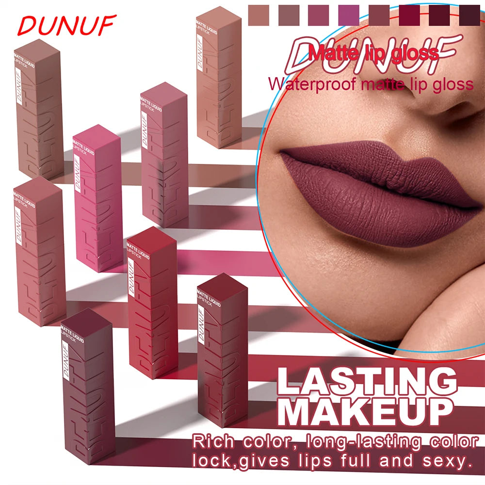 8pc matte liquid lipstick set with long-lasting, waterproof, nude-to-bold shades and a smooth velvet finish.