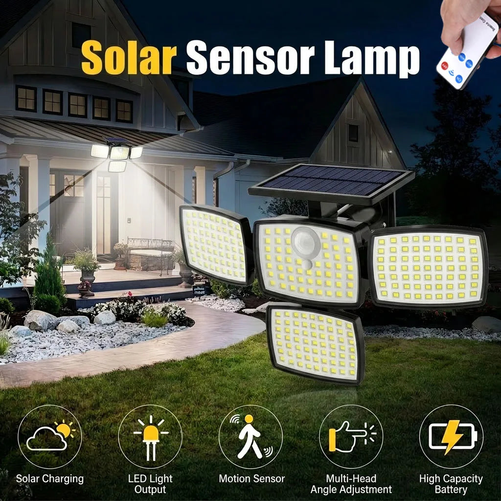 1/2PCS Solar Lights Outdoor with Remote, 4-Head Solar Flood Lamp, IP65 Waterproof Security Street Lights, 3 Modes for Garden