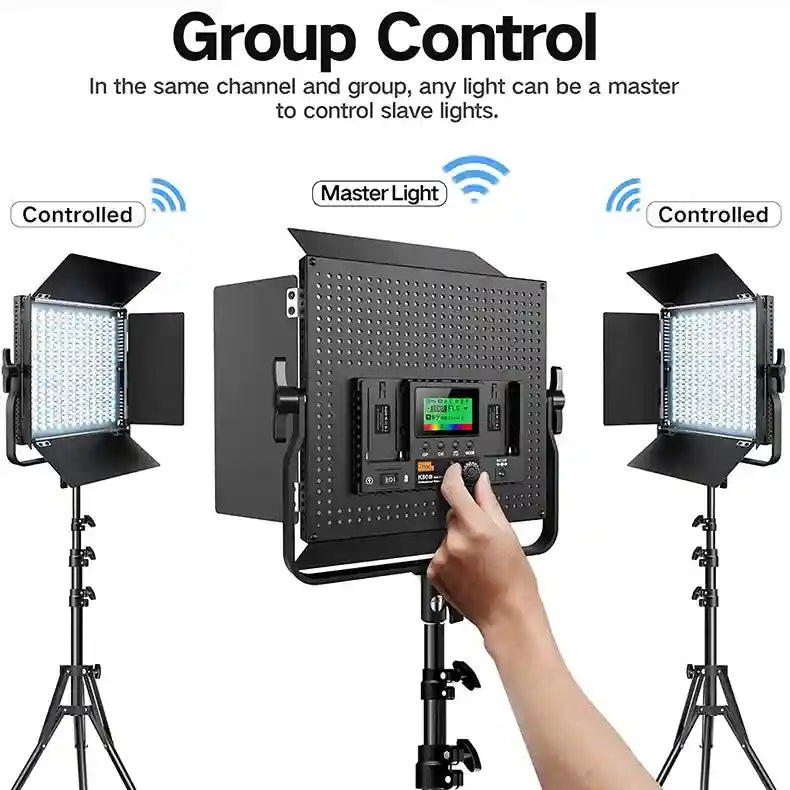 Square LED studio panel light with metal barn doors on a stand, showing wireless control of multiple slave units.