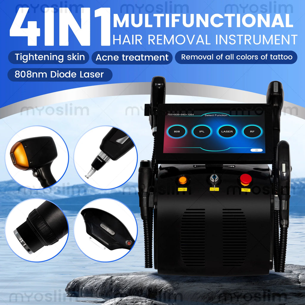Tidesmit 4-in-1 multifunctional beauty machine showing laser handpiece and touch screen interface for skin treatment
