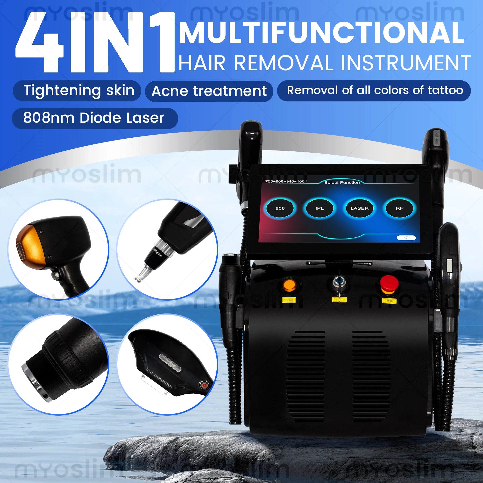 Tidesmit 4500W 4-in-1 multifunctional beauty machine showing laser diode, pico laser, and RF skin rejuvenation ports.