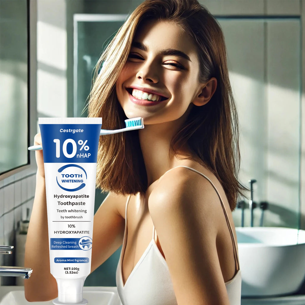 Tidesmit 10% hydroxyapatite whitening toothpaste for deep cleaning, enamel strengthening, and fresh breath.