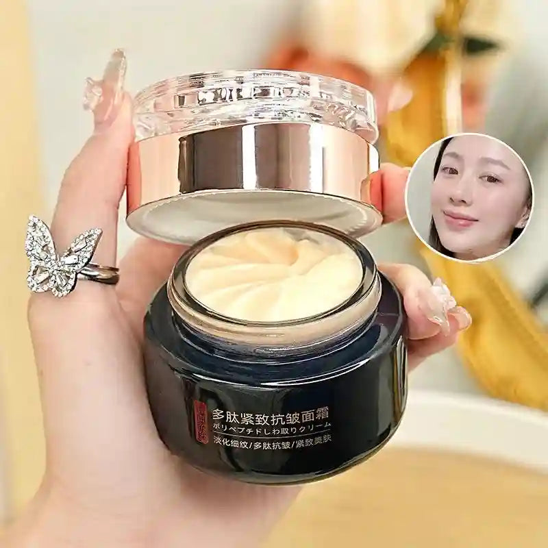 A hand holds a black jar of polypeptide cream with a rose-gold lid, revealing swirls of beige, thick face cream.