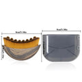 Curved facial massage brush with wood-grain handle and orange bristles, alongside a grey plastic storage case.