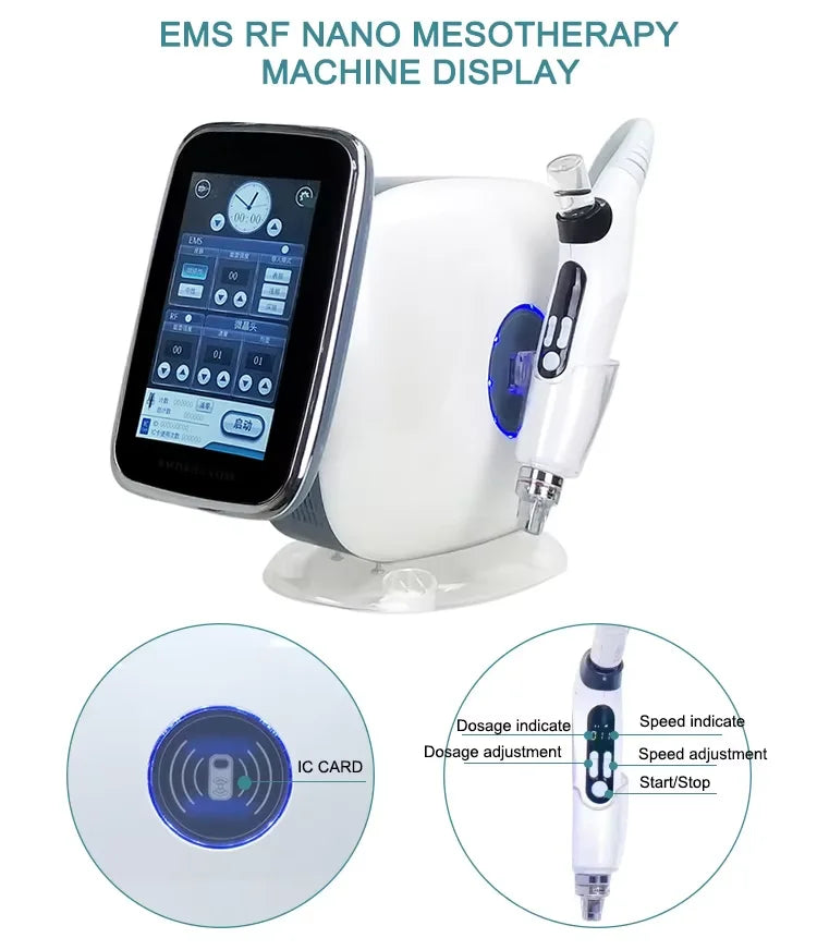 3-in-1 Nano Mesotherapy Gun with RF and EMS for facial lifting, whitening, and wrinkle removal with touch display.