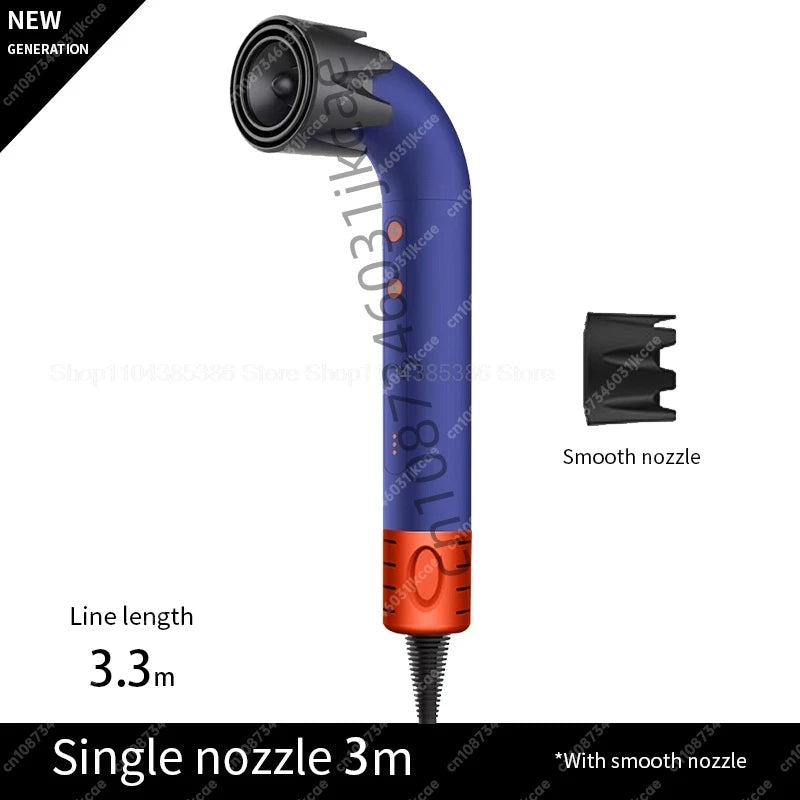 Blue and orange leafless negative ion hair dryer with smooth styling nozzle and 3.3m long power cord for salon use.