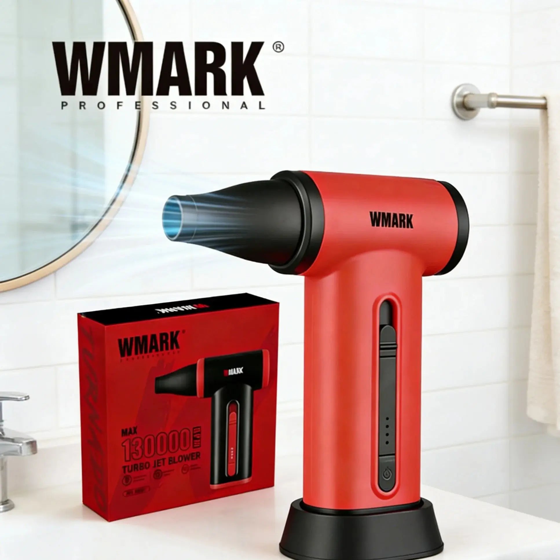 WMARK red brushless turbo jet blower fan with nozzle attachment for professional hair drying and dust cleaning.